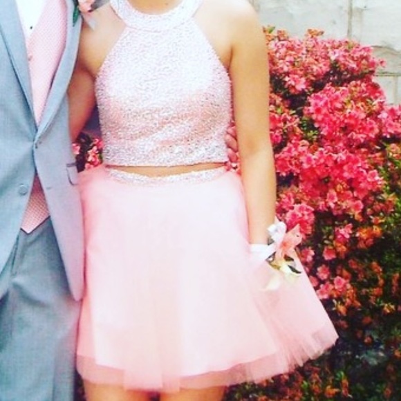 Formal prom dress is size 8 neon coral orange peach with open back. 2 piece - Picture 8 of 16